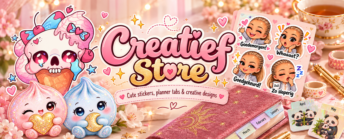 Creatief Store met eigen chibi- en dumplingontwerpen, pandamaandtabs en roze bloesem